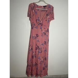 Lulus Fiorire Rose Spring Pink Floral Print Wrap Maxi Flowy Dress Size Med